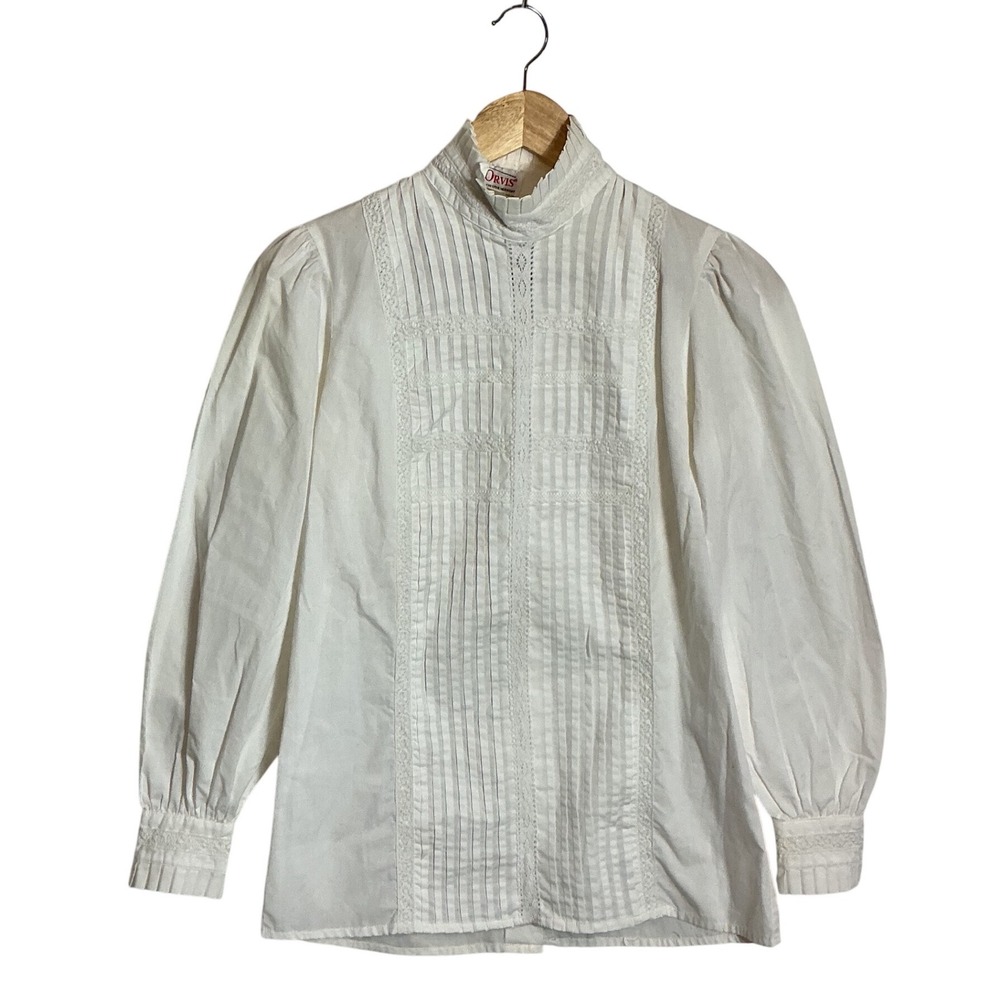 Vintage Orvis White Pleated Collar Lace Pintuck Button Back Victorian Top Small